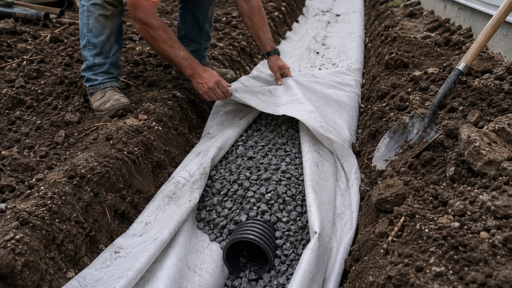 French drain trench with filter fabric and gravel