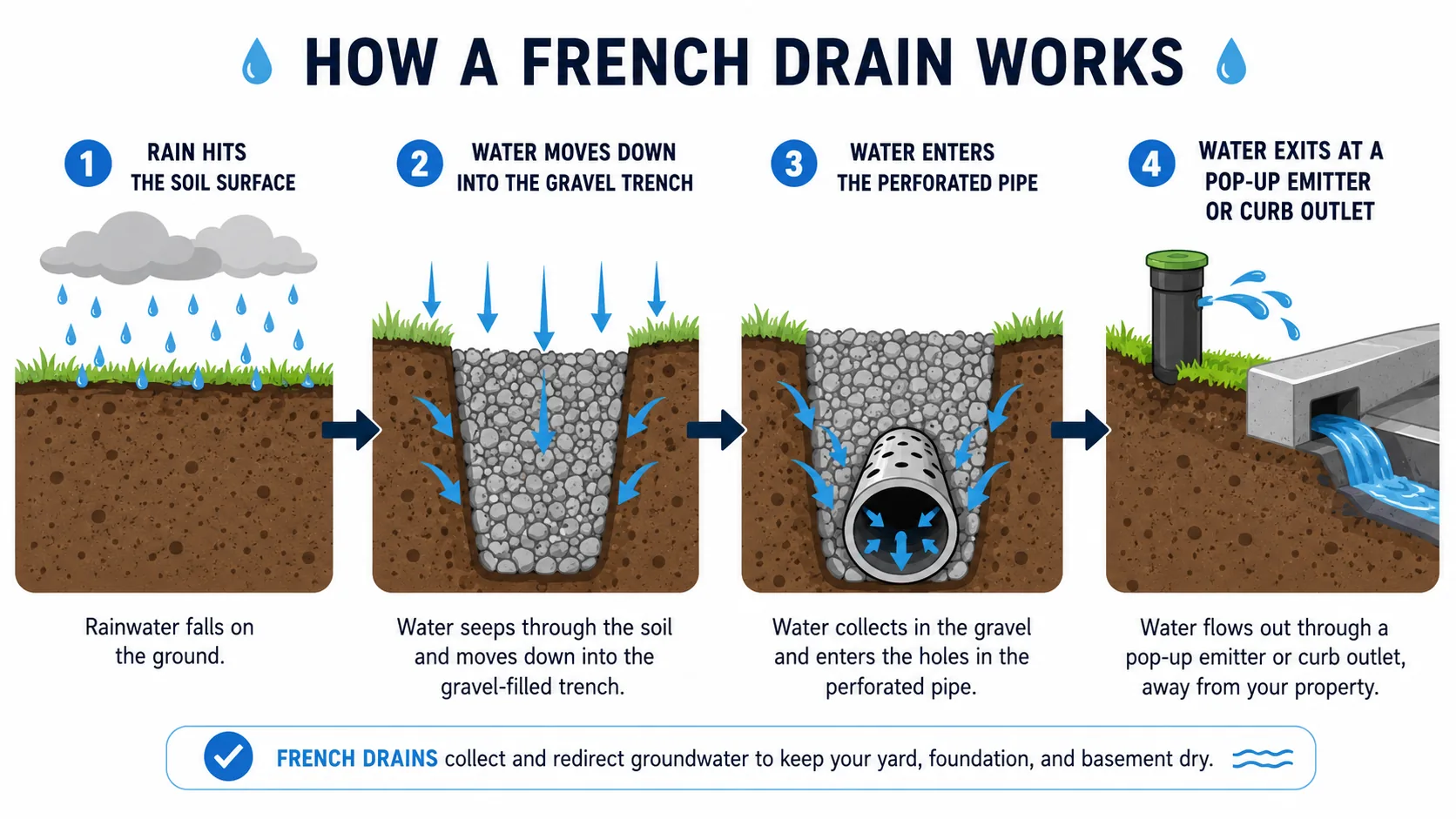 Diagram explaining how a French drain collects and redirects water