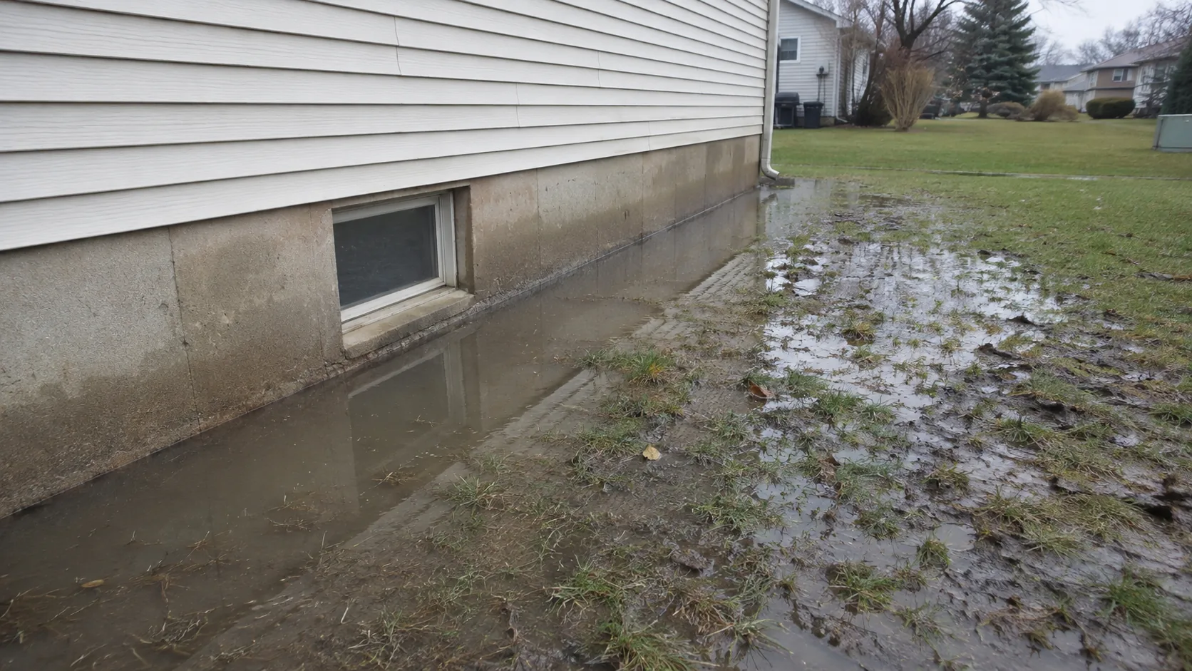 Standing water beside a home foundation after rain